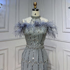 Vestidos de noche árabes grises con cuentas, midi, hasta los tobillos, con capa de plumas, para mujer, 2025, para fiesta de boda LA72060