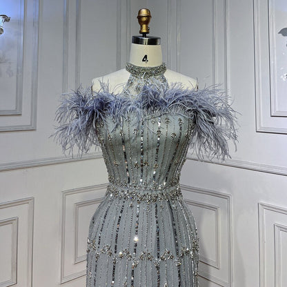 Vestidos de noche árabes grises con cuentas, midi, hasta los tobillos, con capa de plumas, para mujer, 2025, para fiesta de boda LA72060