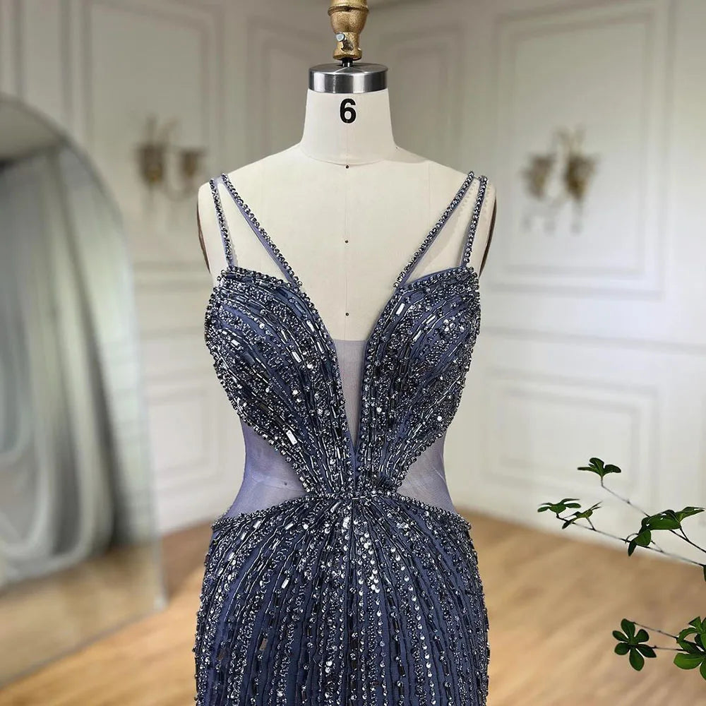 Blau Cut Out Spaghetti-trägern Elegante Meerjungfrau Abendkleider Kleider Luxus Perlen Für Frau Party 2025 LA72305 