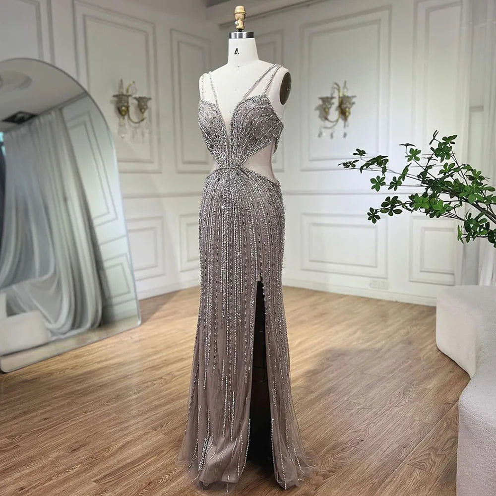 Blue Cut Out Spaghetti Straps Elegant Mermaid Evening Dresses Gowns Luxury Beaded For Woman Party 2025 LA72305