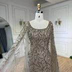 Vestidos de noche árabes de sirena gris, elegantes, con mangas estilo capa y cuentas de lujo, para mujer, para fiesta de bodas, LA72149 