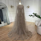 Vestidos de noche árabes de sirena gris, elegantes, con mangas estilo capa y cuentas de lujo, para mujer, para fiesta de bodas, LA72149 