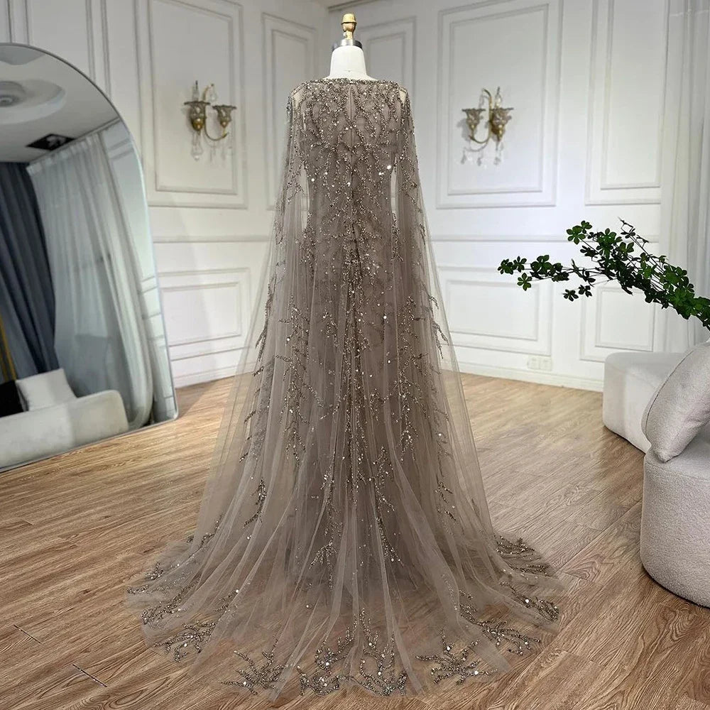 Vestidos de noche árabes de sirena gris, elegantes, con mangas estilo capa y cuentas de lujo, para mujer, para fiesta de bodas, LA72149 