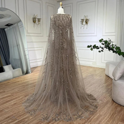 Vestidos de noche árabes de sirena gris, elegantes, con mangas estilo capa y cuentas de lujo, para mujer, para fiesta de bodas, LA72149 