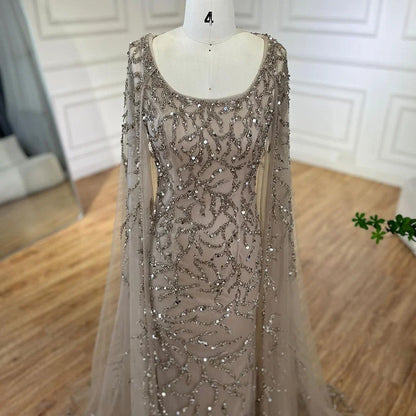 Vestidos de noche árabes de sirena gris, elegantes, con mangas estilo capa y cuentas de lujo, para mujer, para fiesta de bodas, LA72149 