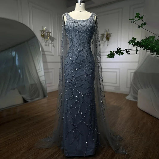 Vestidos de noche árabes de sirena gris, elegantes, con mangas estilo capa y cuentas de lujo, para mujer, para fiesta de bodas, LA72149 