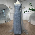 Vestidos de noche árabes de sirena gris, elegantes, con mangas estilo capa y cuentas de lujo, para mujer, para fiesta de bodas, LA72149 