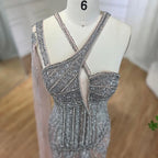 Graues, hautfarbenes Abendkleid mit einer Schulter und Cape-Ärmeln im Meerjungfrau-Stil, hoher Schlitz, langes Kleid mit Perlen für Damenpartys LA72368 