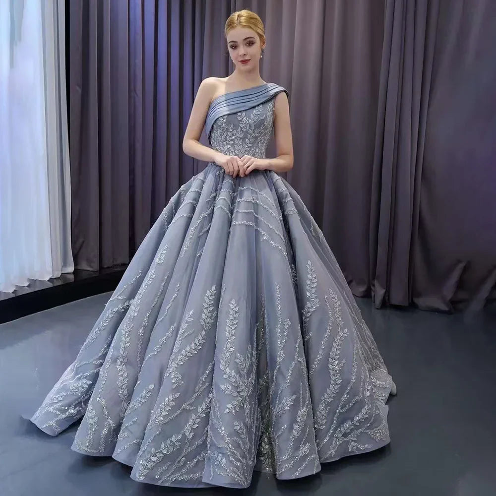 Gray One Shoulder Lace Up Beaded Luxury Ball Gown Bride Gowns Wedding Dress 2025 High End Custom Made HM231074