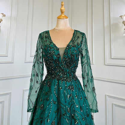 Vestido de noche verde de corte A con escote en V y mangas largas, de lujo, con cuentas, para mujer, boda, fiesta, LA71702 