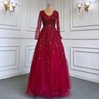 Vestido de noche verde de corte A con escote en V y mangas largas, de lujo, con cuentas, para mujer, boda, fiesta, LA71702 