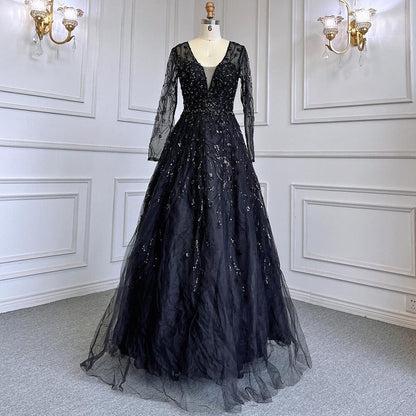 Vestido de noche verde de corte A con escote en V y mangas largas, de lujo, con cuentas, para mujer, boda, fiesta, LA71702 
