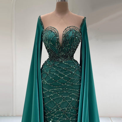 Vestidos de noche de lujo con mangas largas verdes, estilo sirena con cuentas, elegantes, para mujer, fiesta, LA71668 