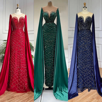 Vestidos de noche de lujo con mangas largas verdes, estilo sirena con cuentas, elegantes, para mujer, fiesta, LA71668 