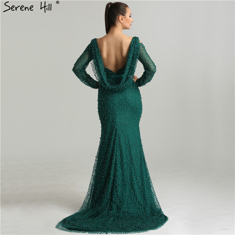 Elegante vestido de noche verde sirena, sin espalda, con cuentas y perlas, de lujo, para mujer, fiesta, LA6340 