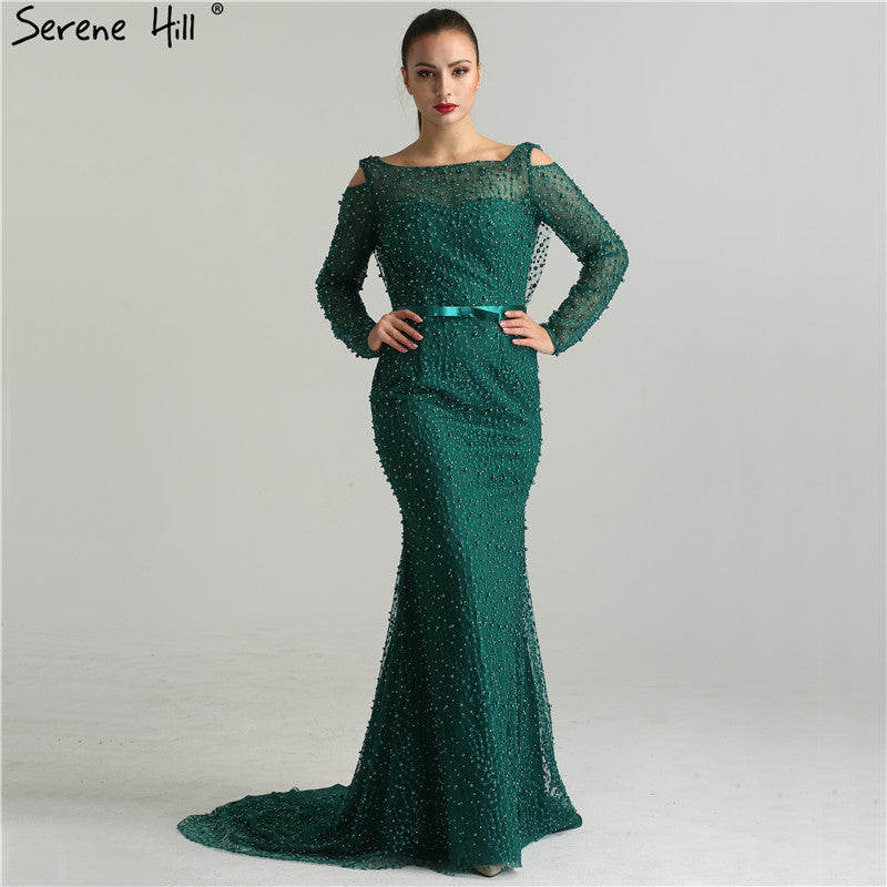 Elegante vestido de noche verde sirena, sin espalda, con cuentas y perlas, de lujo, para mujer, fiesta, LA6340 