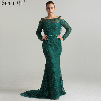 Elegante vestido de noche verde sirena, sin espalda, con cuentas y perlas, de lujo, para mujer, fiesta, LA6340 