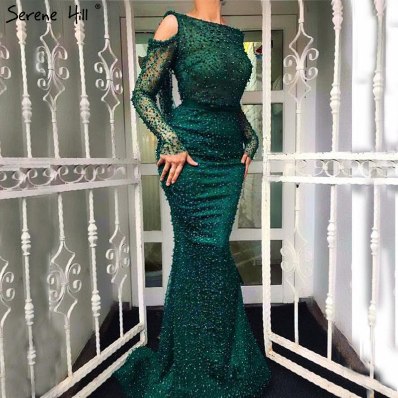 Elegante vestido de noche verde sirena, sin espalda, con cuentas y perlas, de lujo, para mujer, fiesta, LA6340 