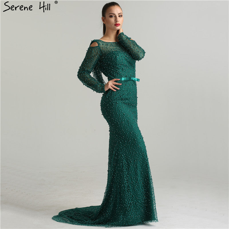 Elegante vestido de noche verde sirena, sin espalda, con cuentas y perlas, de lujo, para mujer, fiesta, LA6340 