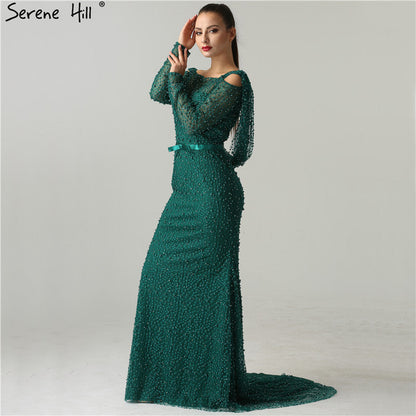 Elegante vestido de noche verde sirena, sin espalda, con cuentas y perlas, de lujo, para mujer, fiesta, LA6340 