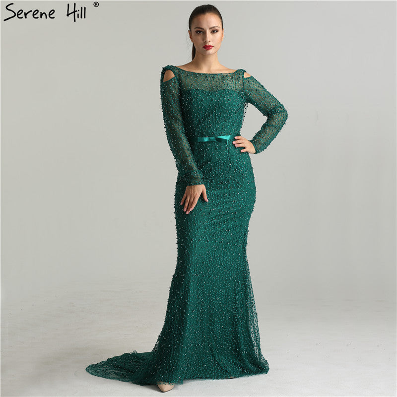 Elegante vestido de noche verde sirena, sin espalda, con cuentas y perlas, de lujo, para mujer, fiesta, LA6340 