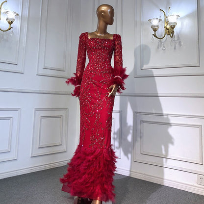Elegante vestido de noche verde sirena 2025 con plumas y cuentas de lujo para mujer, fiesta LA71576 