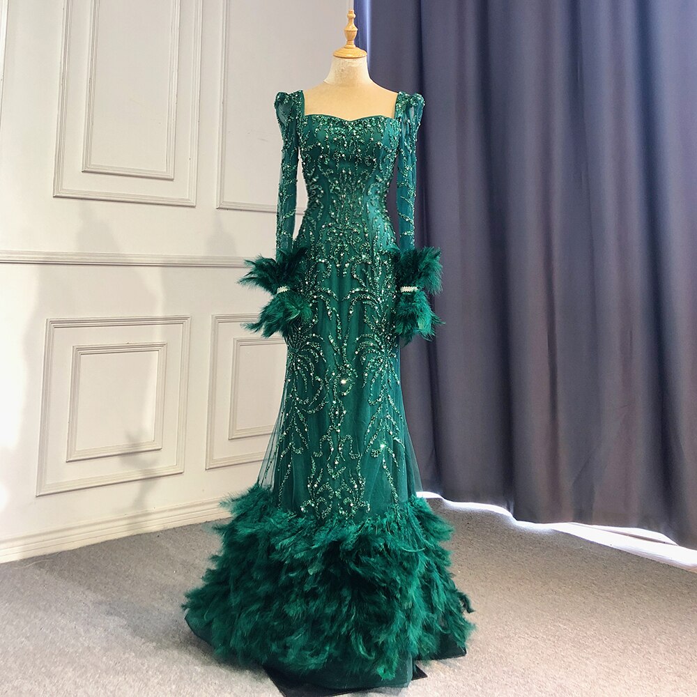 Elegante vestido de noche verde sirena 2025 con plumas y cuentas de lujo para mujer, fiesta LA71576 