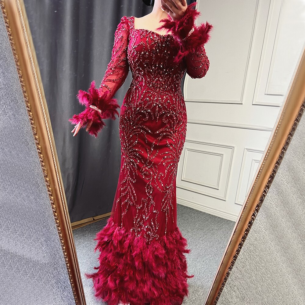 Elegante vestido de noche verde sirena 2025 con plumas y cuentas de lujo para mujer, fiesta LA71576 