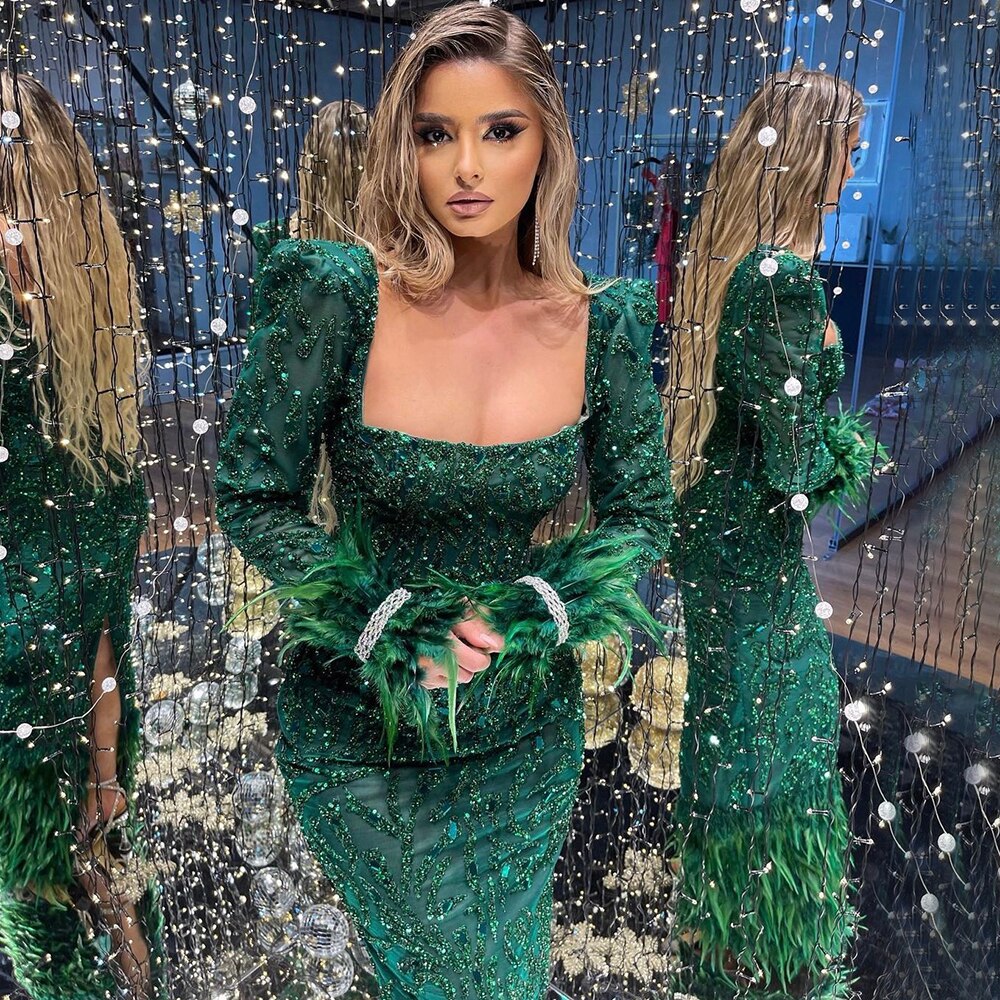 Elegante vestido de noche verde sirena 2025 con plumas y cuentas de lujo para mujer, fiesta LA71576 