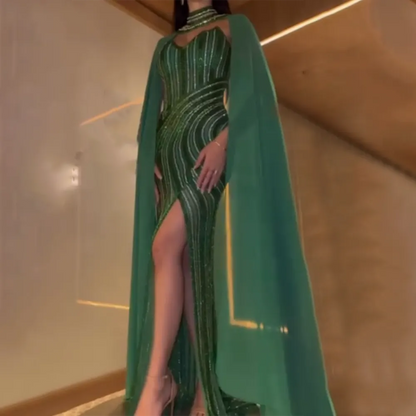 Vestido de noche elegante de sirena verde de lujo, corte alto, mangas estilo capa y cuentas, para mujer, fiesta, LA72073 
