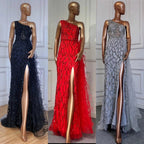 Green Elegant Mermaid Sexy One Shouder Split Evening Dresse Gowns Luxury Beaded Feathers 2025 Women Party LA70829