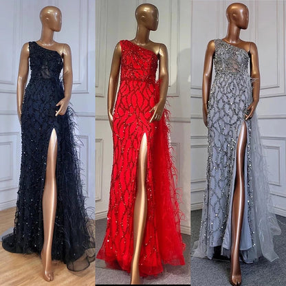 Vestido de noche verde elegante con escote sirena, sexy, con un solo hombro, abertura, de lujo, con cuentas y plumas, para mujer, fiesta, LA70829 