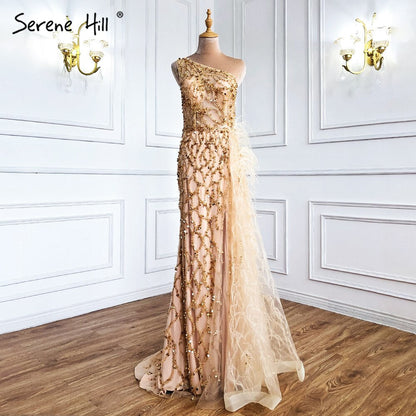 Vestido de noche verde elegante con escote sirena, sexy, con un solo hombro, abertura, de lujo, con cuentas y plumas, para mujer, fiesta, LA70829 