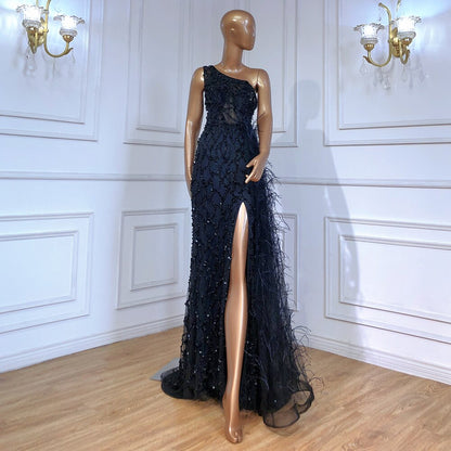 Vestido de noche verde elegante con escote sirena, sexy, con un solo hombro, abertura, de lujo, con cuentas y plumas, para mujer, fiesta, LA70829 