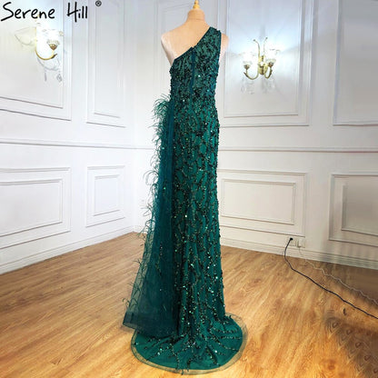 Vestido de noche verde elegante con escote sirena, sexy, con un solo hombro, abertura, de lujo, con cuentas y plumas, para mujer, fiesta, LA70829 