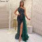 Green Elegant Mermaid Sexy One Shouder Split Evening Dresse Gowns Luxury Beaded Feathers 2025 Women Party LA70829
