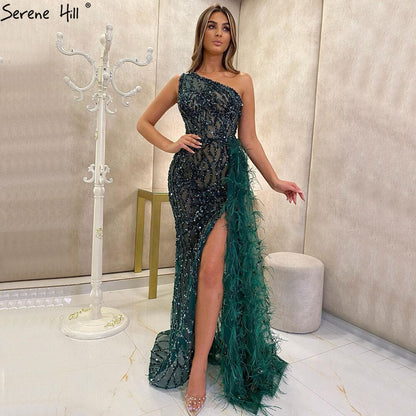Vestido de noche verde elegante con escote sirena, sexy, con un solo hombro, abertura, de lujo, con cuentas y plumas, para mujer, fiesta, LA70829 