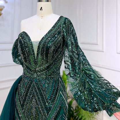 Vestido de noche elegante de sirena verde, sexy, con un hombro al descubierto, mangas largas abullonadas y cuentas, para mujer, fiesta, LA72000 
