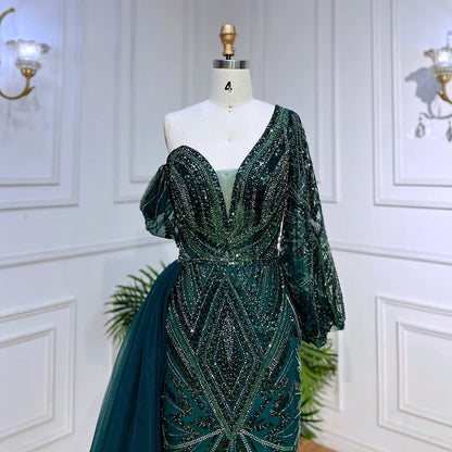 Vestido de noche elegante de sirena verde, sexy, con un hombro al descubierto, mangas largas abullonadas y cuentas, para mujer, fiesta, LA72000 