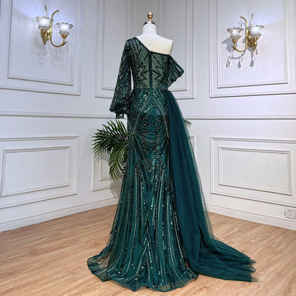 Vestido de noche elegante de sirena verde, sexy, con un hombro al descubierto, mangas largas abullonadas y cuentas, para mujer, fiesta, LA72000 