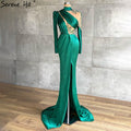Vestidos de noche verdes con abertura alta, elegantes vestidos de sirena de satén con cuentas para mujer, para fiesta, LA71034 