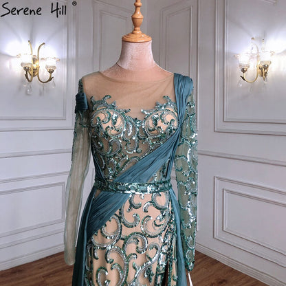 Vestido de noche verde sirena con abertura alta, elegante, de lujo, con cuentas, para mujer, para fiesta de bodas, LA71391 