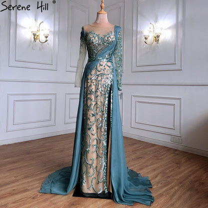 Vestido de noche verde sirena con abertura alta, elegante, de lujo, con cuentas, para mujer, para fiesta de bodas, LA71391 