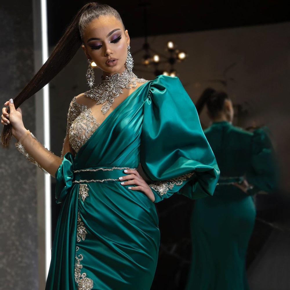 Vestido de noche de satén verde con abertura alta, 2025, de lujo, con sobrefalda de cuentas y corte sirena para mujer, para fiesta, LA71510 