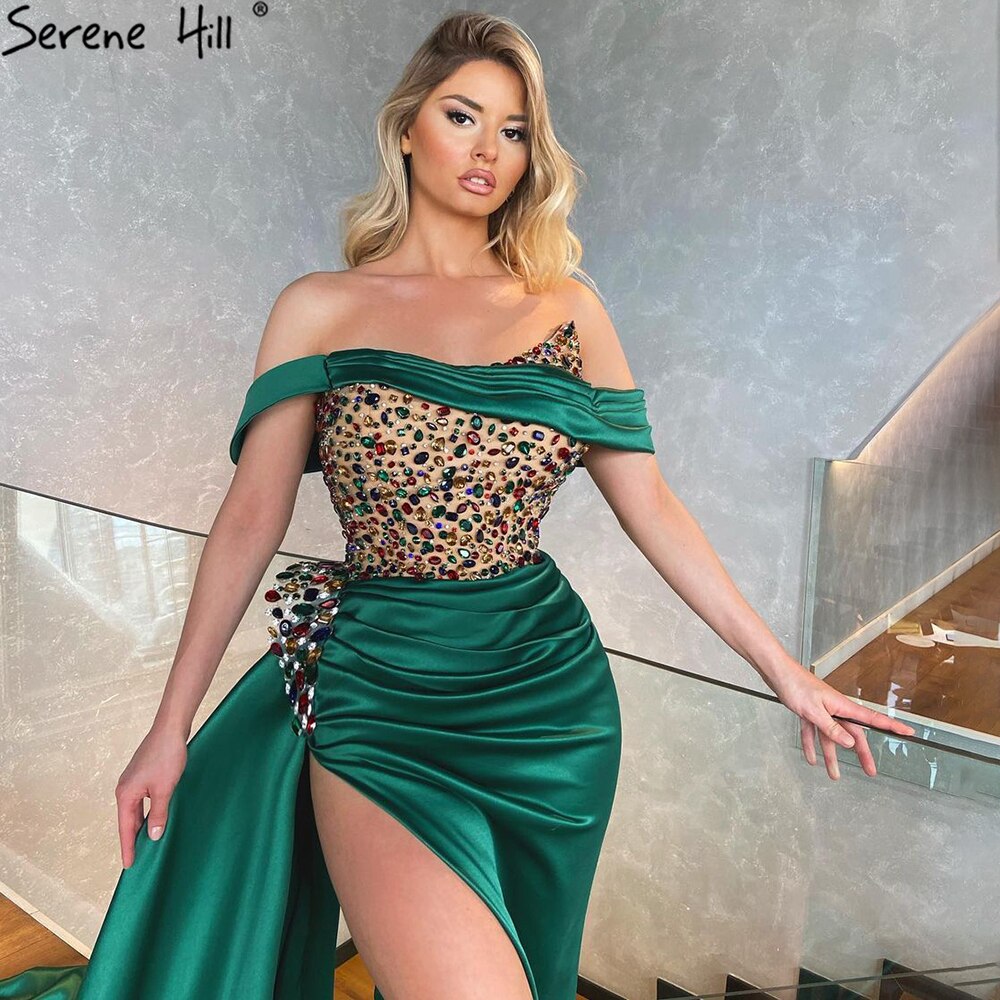 Vestido de noche verde con abertura alta, elegante, corte sirena, con cuentas, para mujer, fiesta, LA71254 