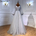 Vestidos de noche con mangas de linterna verde, corte A, con cuentas, de lujo, para mujer, para boda, fiesta, LA71477 