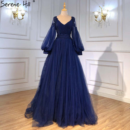 Vestidos de noche con mangas de linterna verde, corte A, con cuentas, de lujo, para mujer, para boda, fiesta, LA71477 