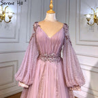 Vestidos de noche con mangas de linterna verde, corte A, con cuentas, de lujo, para mujer, para boda, fiesta, LA71477 