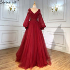 Vestidos de noche con mangas de linterna verde, corte A, con cuentas, de lujo, para mujer, para boda, fiesta, LA71477 