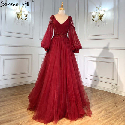 Vestidos de noche con mangas de linterna verde, corte A, con cuentas, de lujo, para mujer, para boda, fiesta, LA71477 